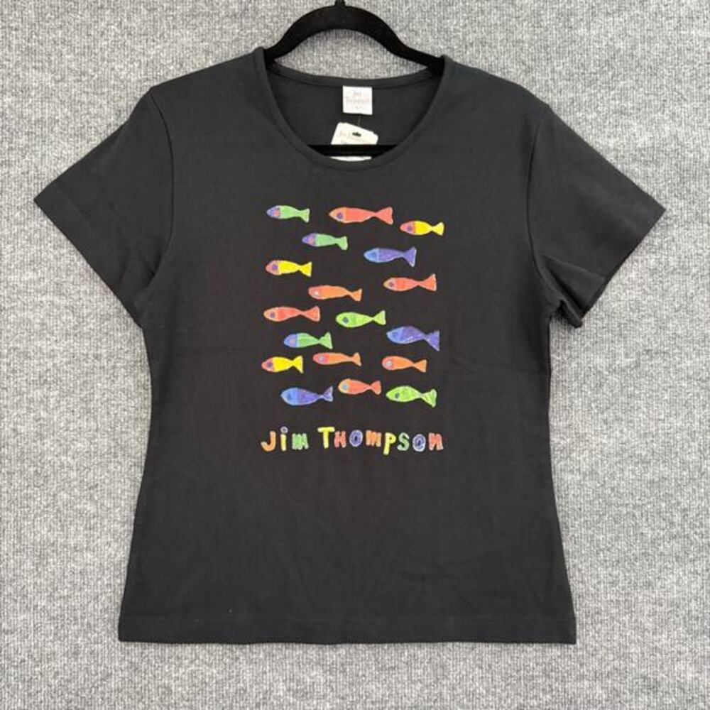 Jim Thompson Womens T Shirt Size L Black Multicolor Fish Print Short Sleeve New
